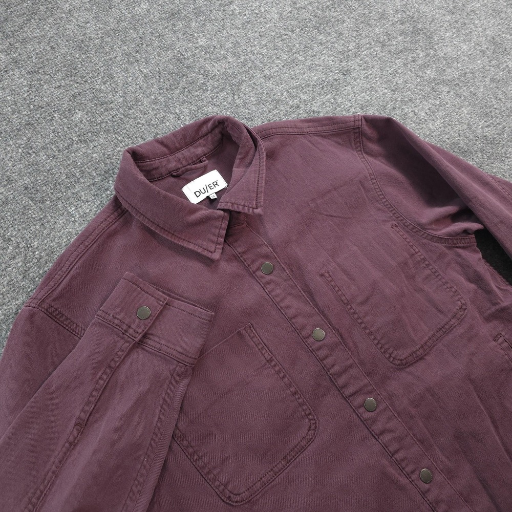 DUER Shirt Womens Large Purple LuxTwill Overshirt Casual Snap Front Stretch Work